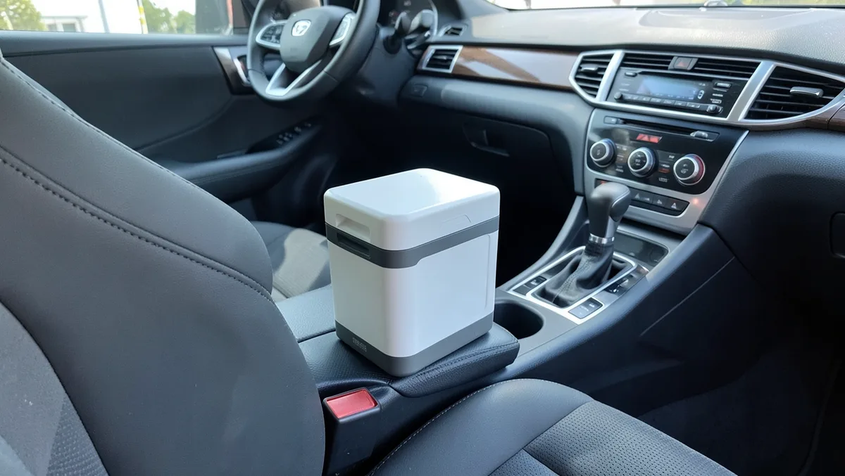 Portable 12V console cooler sitting on a car center console armrest