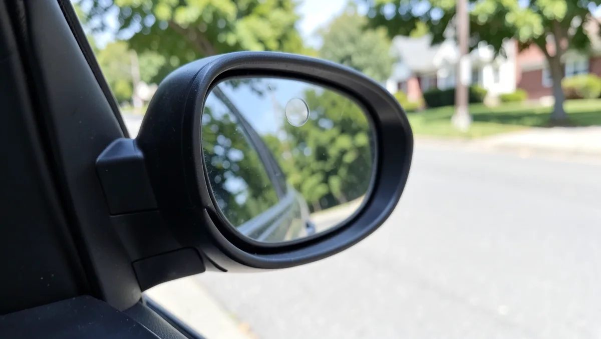 A small round convex blind spot mirror correctly mounted in the upper outer corner of a car side mirror