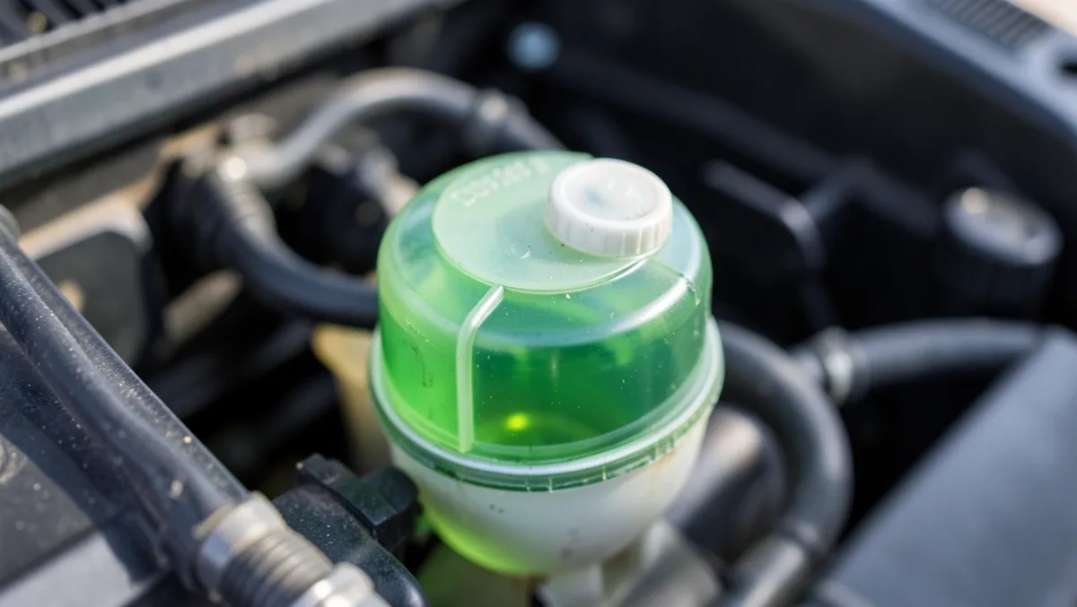 Coolant reservoir tank on a car engine used to check for a coolant leak that can cause white exhaust smoke