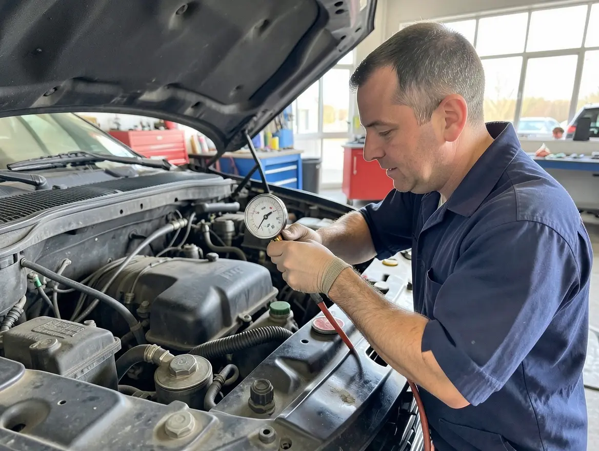 Mechanic using a cooling system pressure tester gauge on a car radiator cap