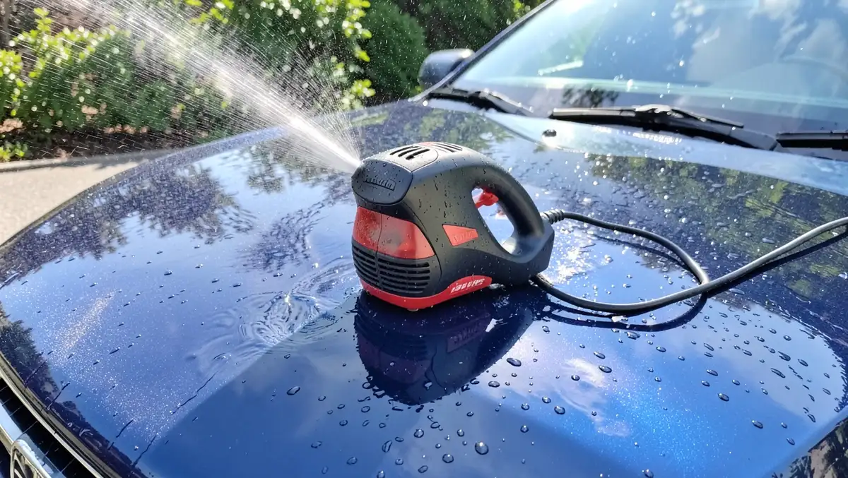 Cordless electric car dryer blowing water beads off a car hood in a driveway