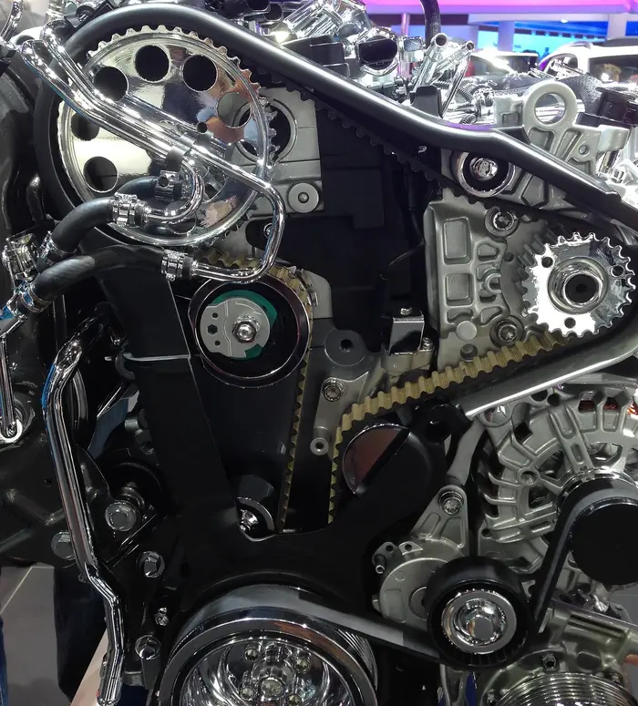Close-up of an engine with timing belt, sprockets and accessory drive