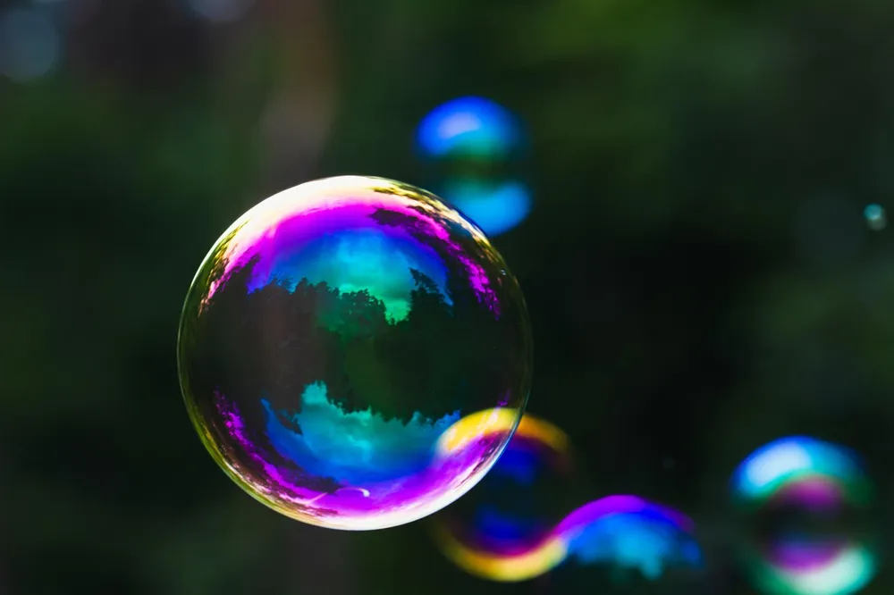 A single soap bubble reflecting trees against a dark green background