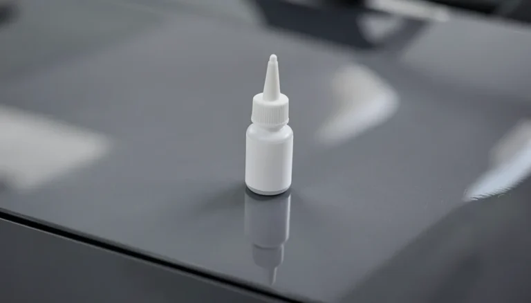 Dark grey touch-up paint bottle resting on a glossy dark grey car panel