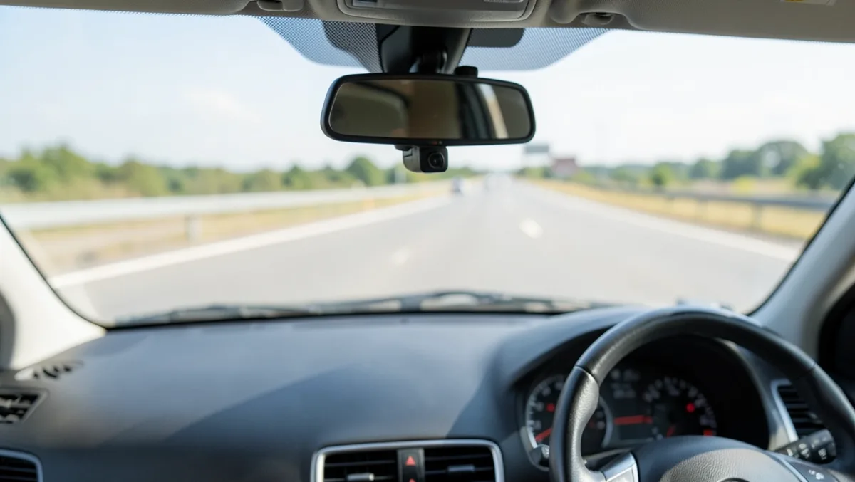 Dash cam mounted near the rearview mirror recording the road ahead through the windshield