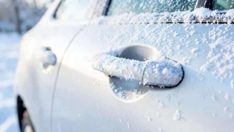Frost and ice crystals coating a car door handle and window edge on a cold winter morning