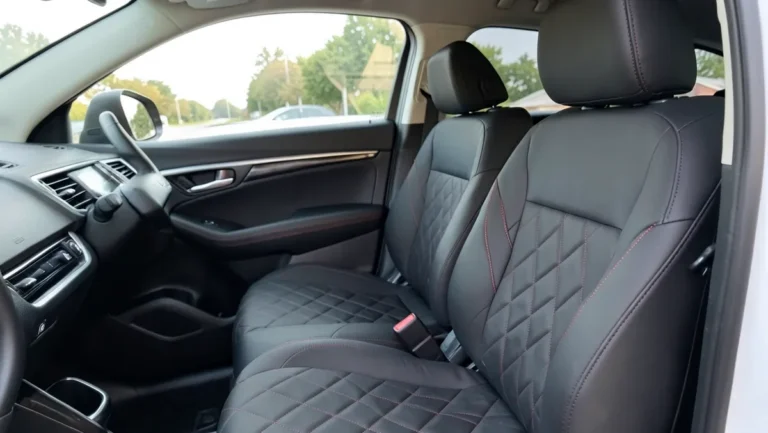 Black quilted faux leather car seat cover with red stitching installed in an SUV interior
