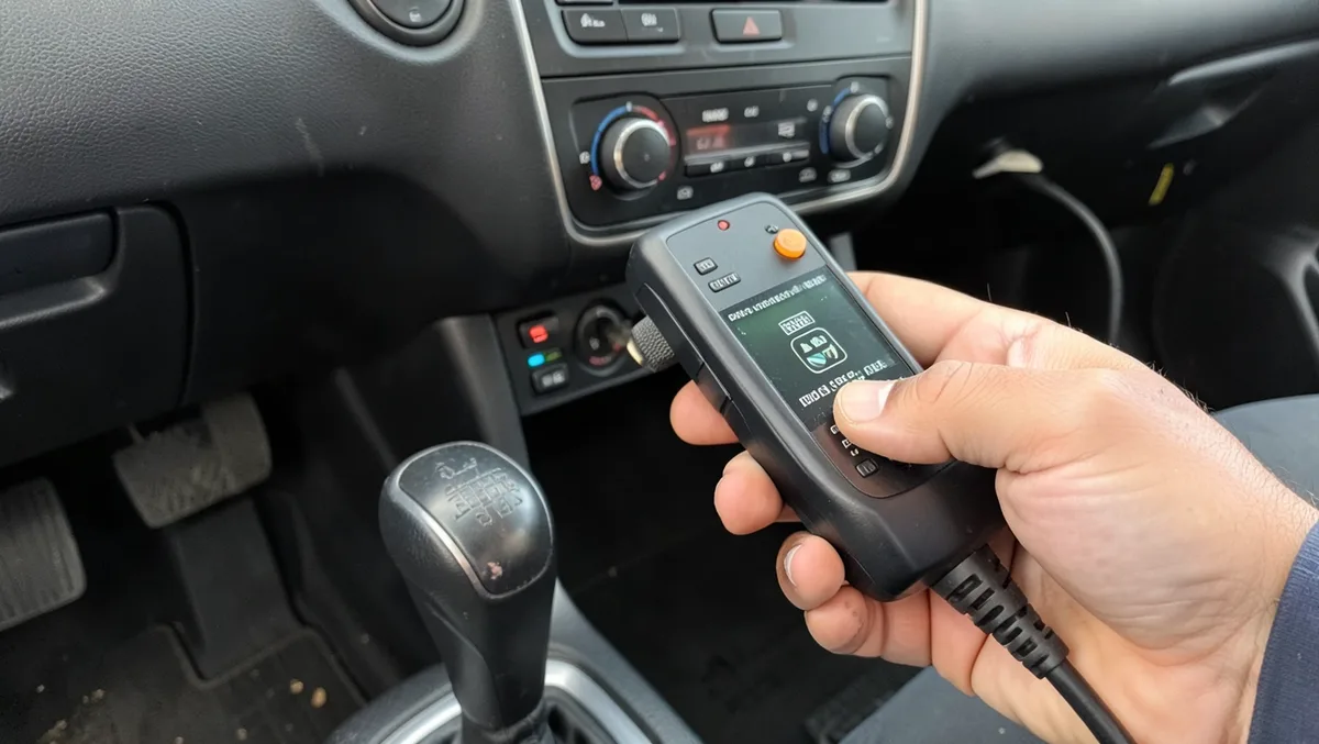 Mechanic holding a diagnostic scan tool plugged into a car to check the immobilizer system
