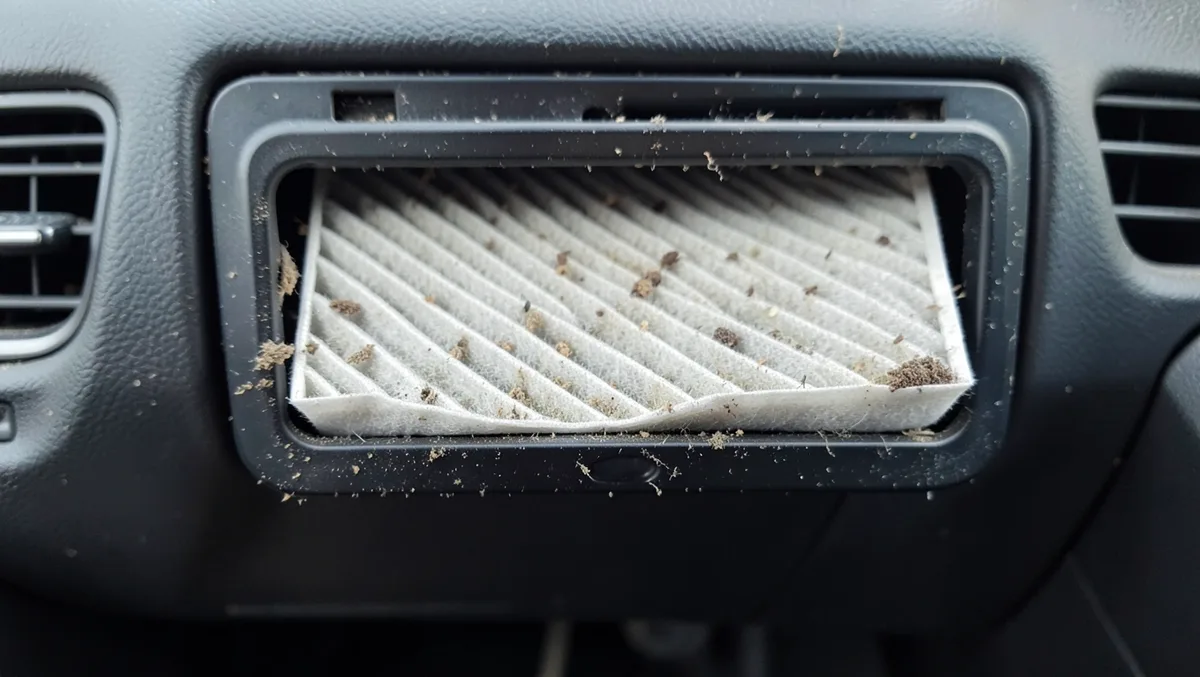 Dirty clogged cabin air filter pulled from housing behind glovebox