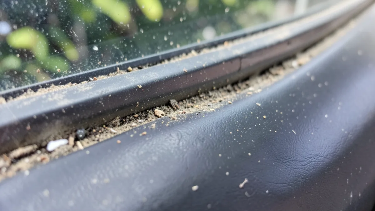 Dirt and debris built up along a car window rubber track channel