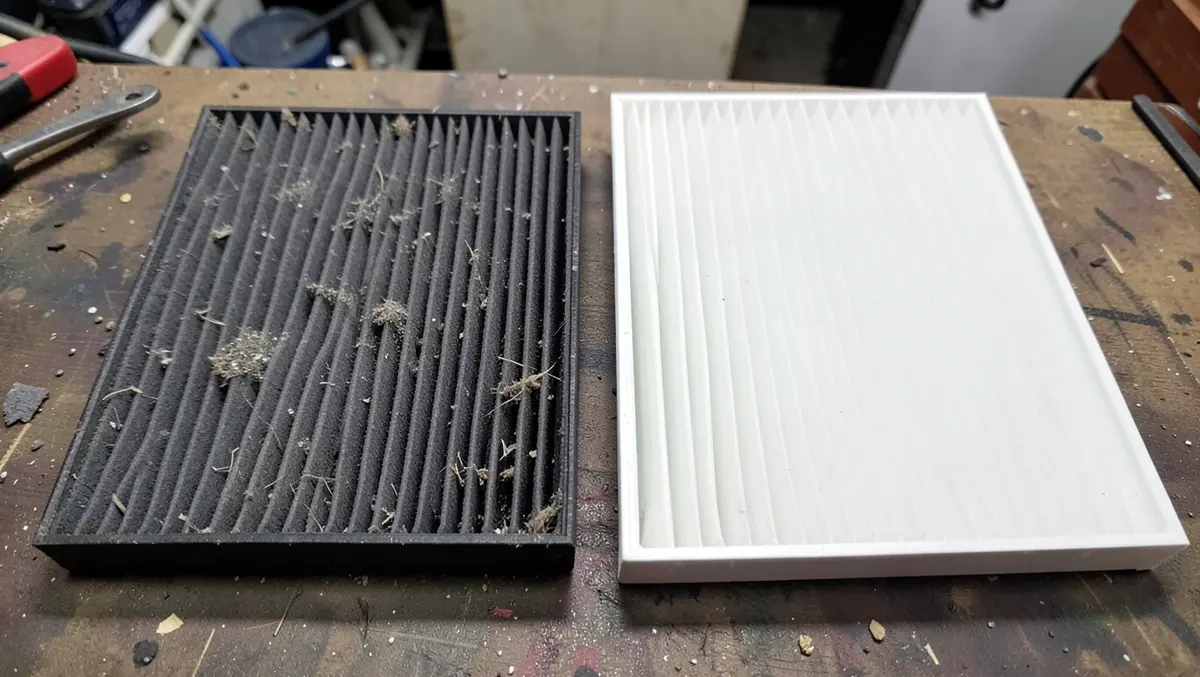 A dusty, clogged car cabin air filter next to a clean replacement filter