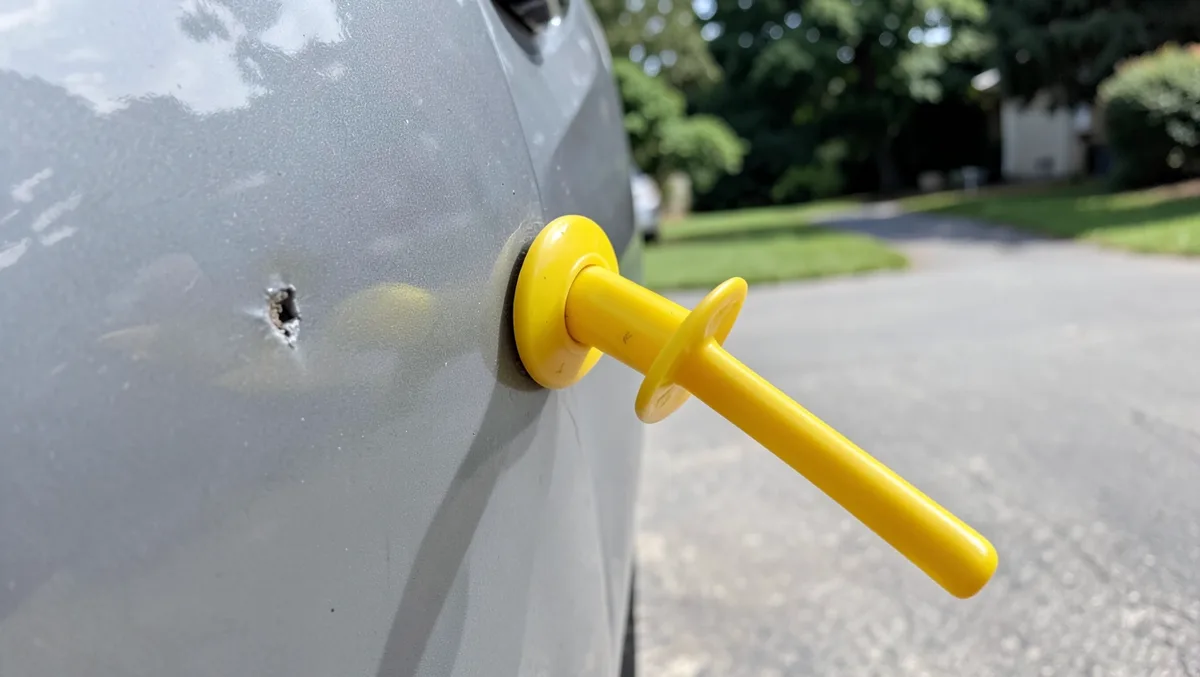 A suction-cup dent puller tool attached to a small dent on a car panel