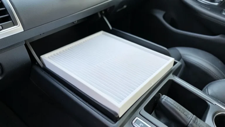 Rectangular pleated cabin air filter resting on an open car glovebox tray