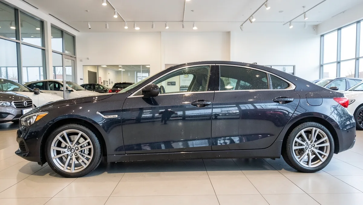 A freshly detailed car with glossy clean paint parked inside a car dealership showroom