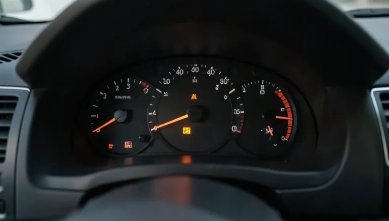 Car dashboard fuel gauge with low fuel warning light illuminated