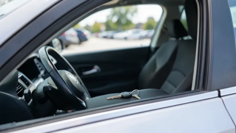 Car key resting on the driver seat of a locked sedan, seen through the closed window