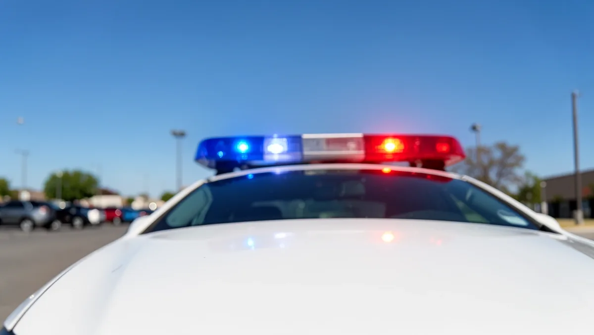 Police patrol car with red and blue emergency lights on its roof, parked in a lot
