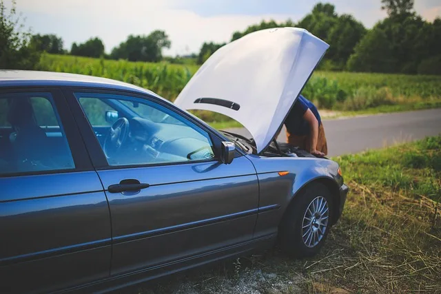 car breakdown hood up on the shoulder of a rural road