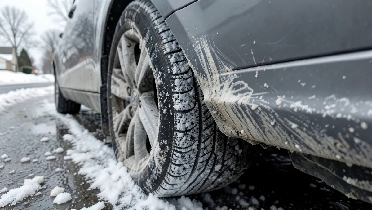 Car fender and wheel well caked with dried road salt residue on a winter street