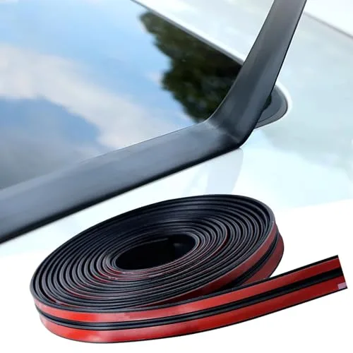 DOTAATDW car weather stripping installed along a windshield trim edge, coiled black rubber with red adhesive backing