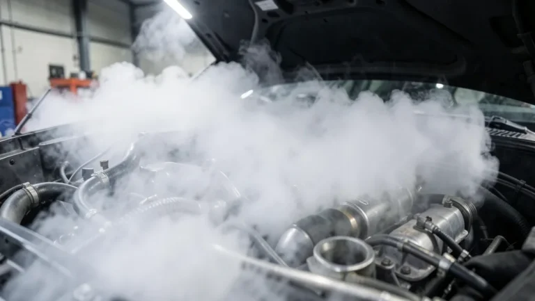 Dense white CO2 vapor cloud from dry ice blasting rising out of a car engine bay
