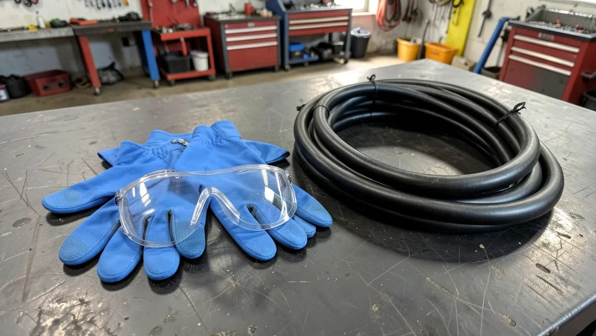 Insulated gloves, safety goggles, and a coiled air hose laid out for dry ice blasting