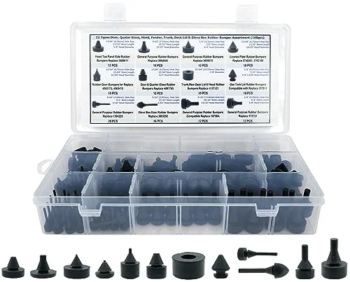 Dsnaduo 160-piece automotive rubber bumper assortment kit showing a labeled organizer case of small rubber bump stops for hoods, trunks, and doors