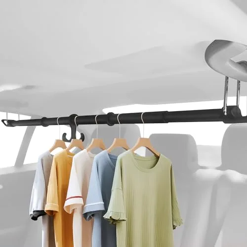Elantrip 34 to 70 inch telescopic car clothes hanger bar shown holding five hanging shirts across the back seat of a car