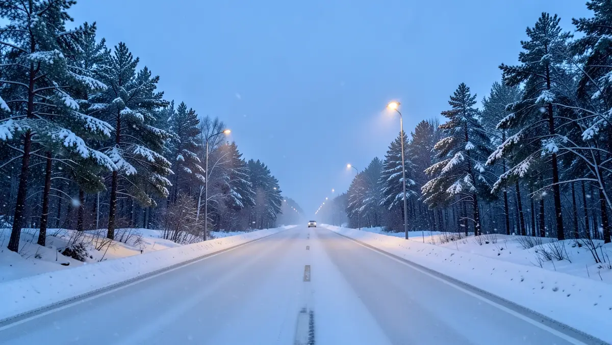 A car driving down a snow-covered highway at winter dusk with snow flurries in the air