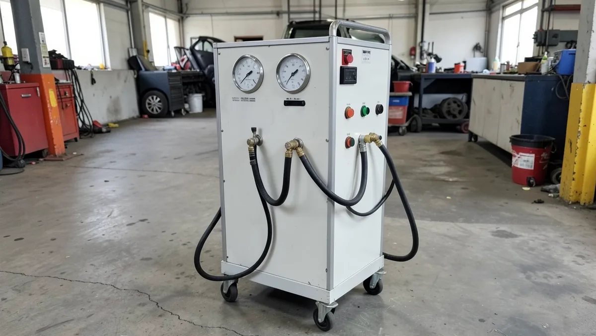 Emissions testing analyzer machine with gauges and hoses used at a Pennsylvania vehicle inspection station