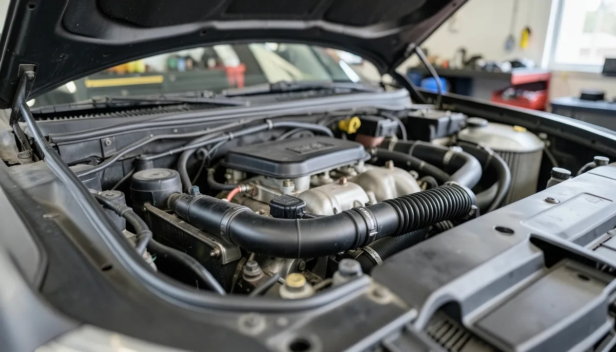 Open car engine bay during a coolant and compression check to diagnose the cause of white exhaust smoke