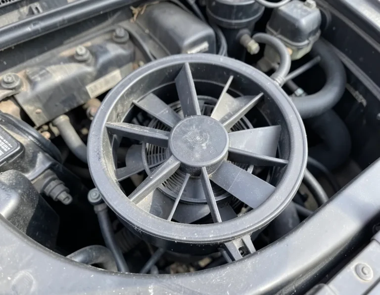 Engine cooling fan assembly mounted in front of the radiator in a car engine bay