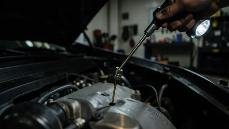 Mechanic checking a dry, low engine oil dipstick under a flashlight beam at night