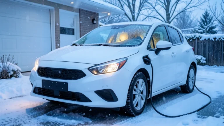 White electric car plugged in and charging in a snowy driveway with a warm glow from the cabin windows