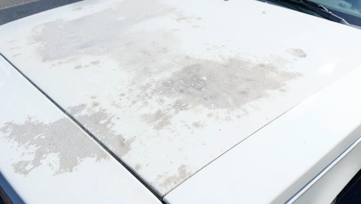 Faded, chalky oxidized paint on a white car hood in direct sunlight