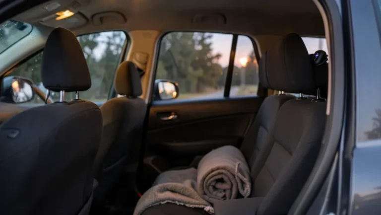 Parked car interior at dusk with a small clip fan on the headrest and a rolled blanket on the back seat for sleeping in the car