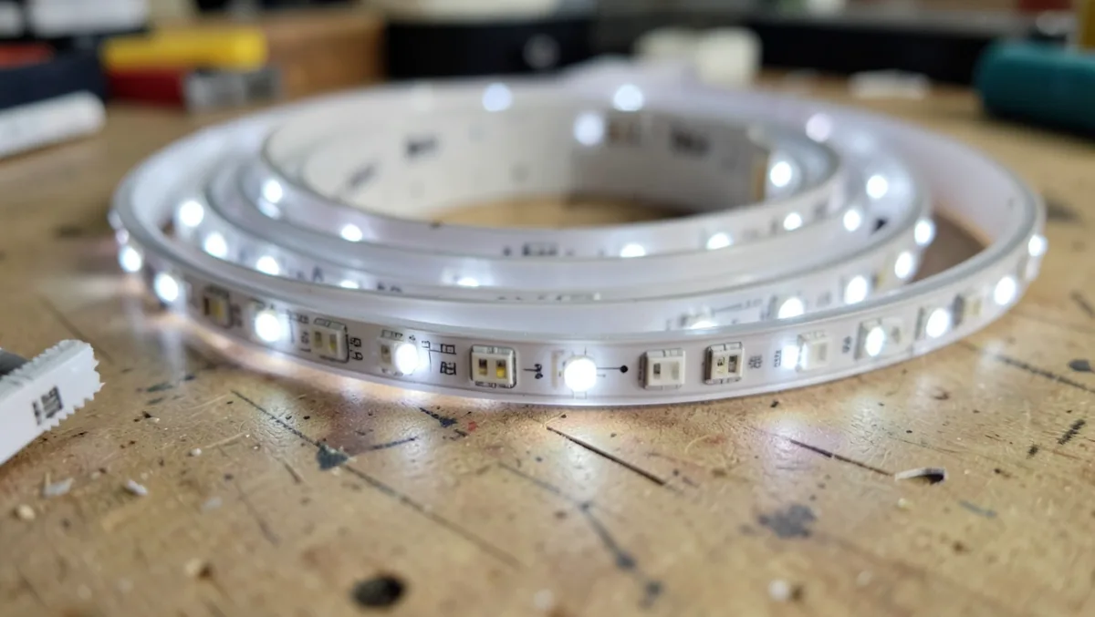 Close-up of a coiled flexible 12V LED light strip showing individual diodes and a cut point