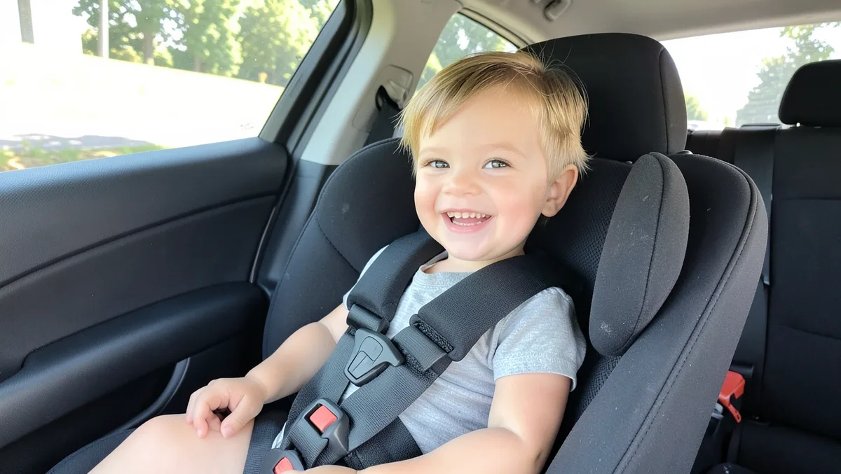 Toddler smiling while buckled into a forward-facing car seat with a five-point harness