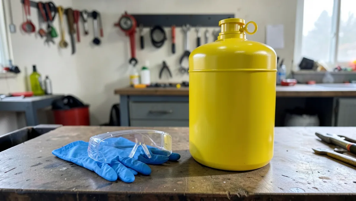 Nitrile gloves, safety glasses, and a certified refrigerant recovery tank laid out before removing Freon