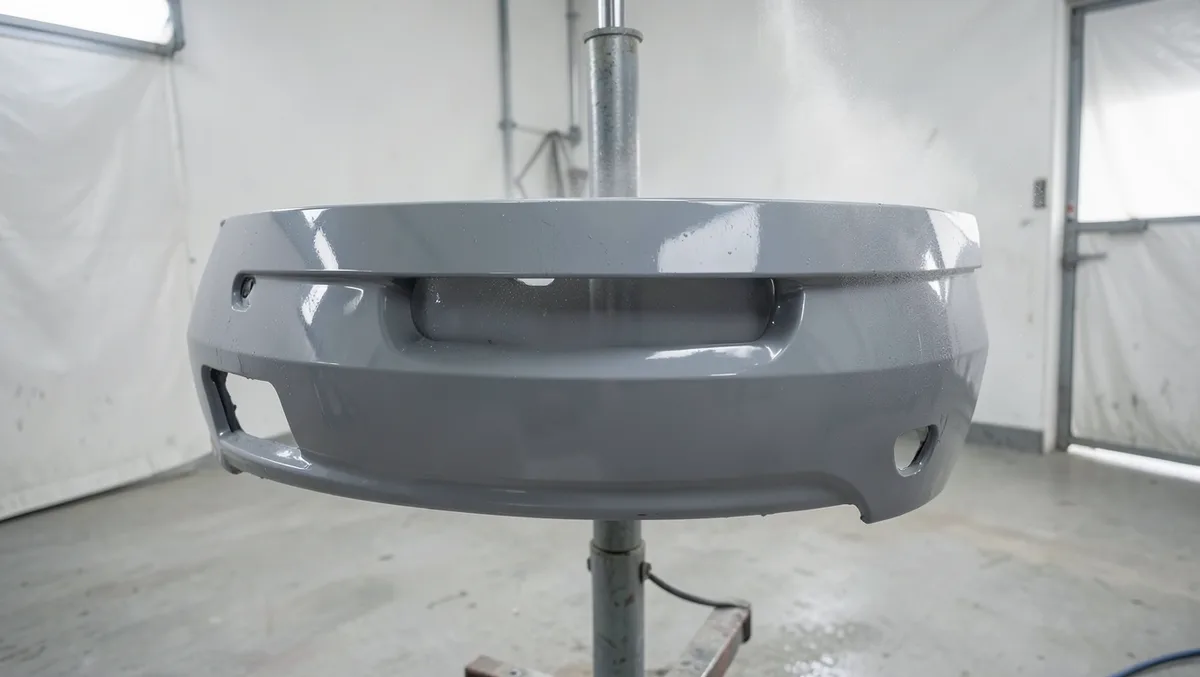 Freshly painted gray plastic car bumper cover mounted on a paint stand with a wet glossy coat