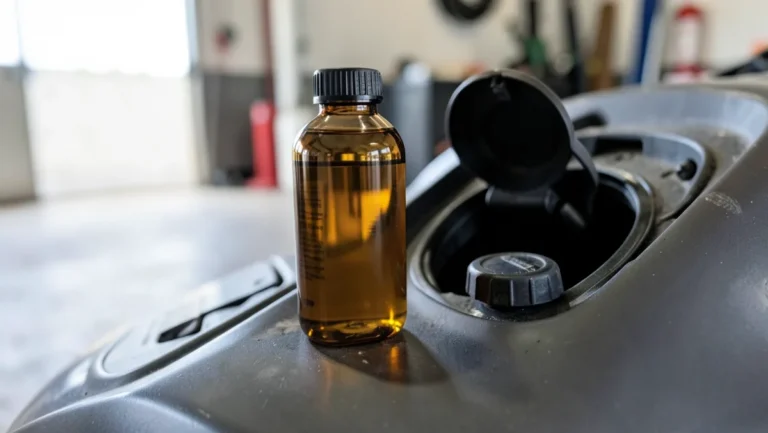 Bottle of fuel system cleaner beside an open car fuel filler cap