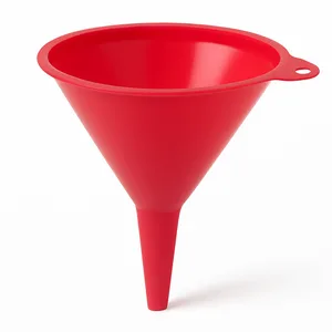 Plastic funnel used to pour gas from a can into a car's fuel tank without spills