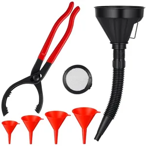 Flexible automotive oil funnel set for adding engine oil without spills