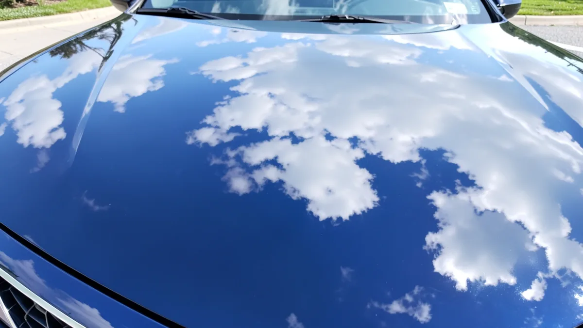 Glossy dark blue car hood reflecting clouds after a clay bar and wax treatment