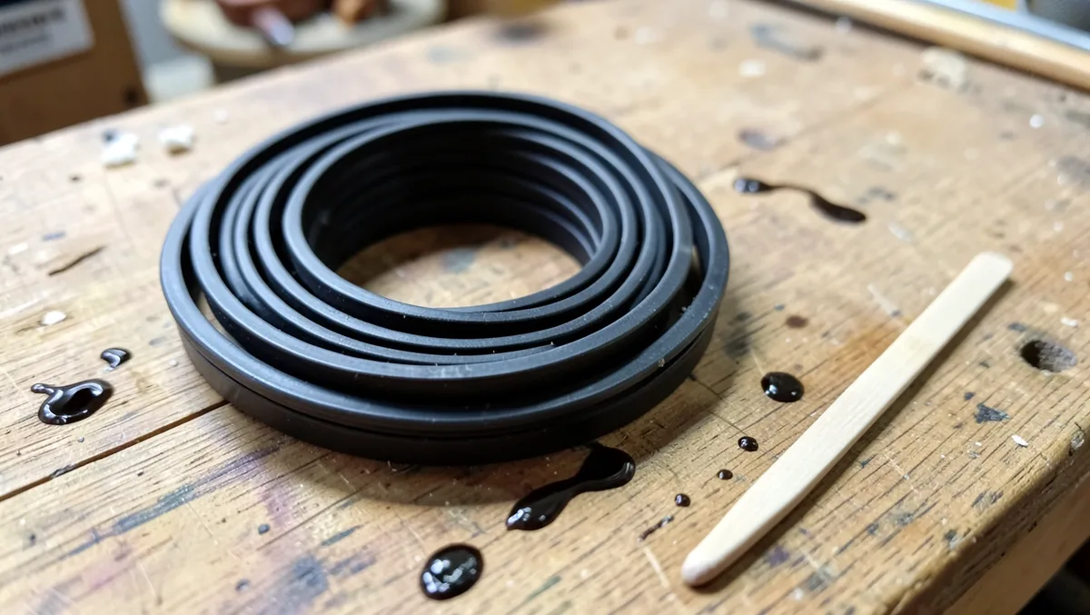 Coiled black rubber weatherstrip seal with adhesive drips and an applicator stick on a workbench