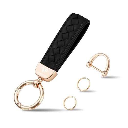 Handmade black woven leather car keychain with rose gold hardware, a spare D-ring, and two key rings