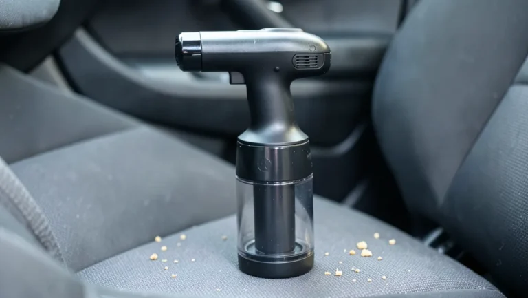 Cordless handheld vacuum with clear dust cup sitting on a car seat next to crumbs