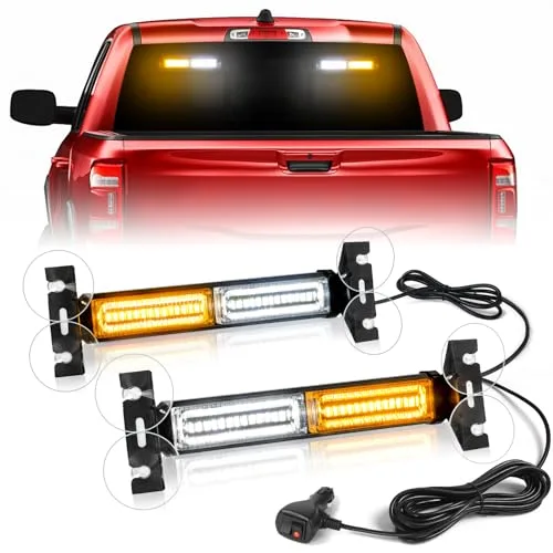 HLauto 1002L emergency strobe traffic advisor light bar mounted on a pickup truck windshield, showing the amber and white LED segments