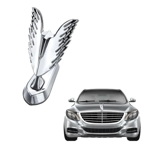 Qaoliffa angel wings hood ornament, chromed metal wings shown mounted on a Mercedes-Benz sedan hood