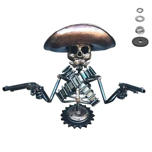 Rneswi cowboy skull gunslinger hood ornament, metal skull wearing a hat with twin pistols